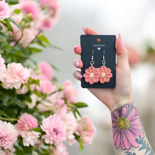 Pink Floral Earring + Necklace Set (Polymer Clay)